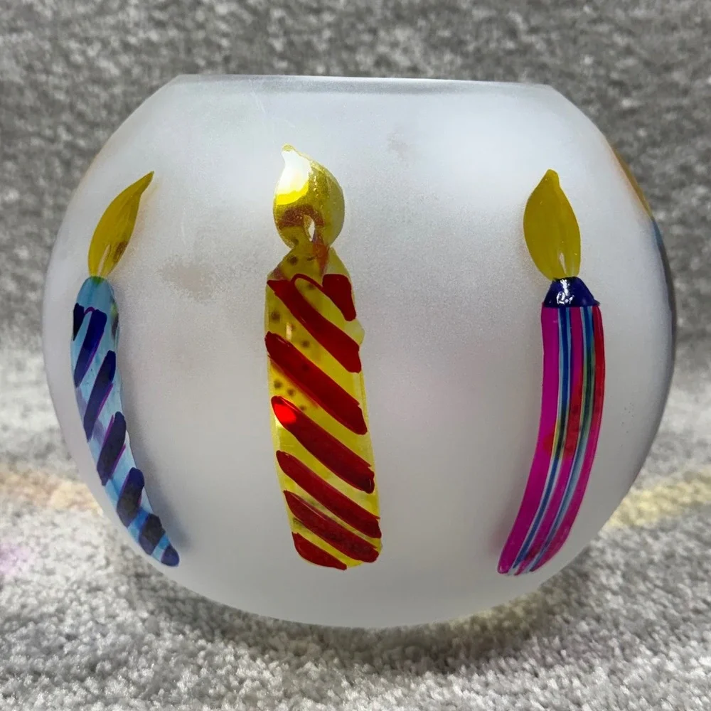 Teleflora Frosted Glass Bowl Hand Painted Birthday Candles‎ Votive Holder Gift